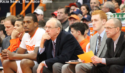 Syracuse coach Jim Boeheim looks on