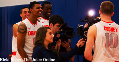 Some of the guys having fun with Trevor Cooney while he is interviewed